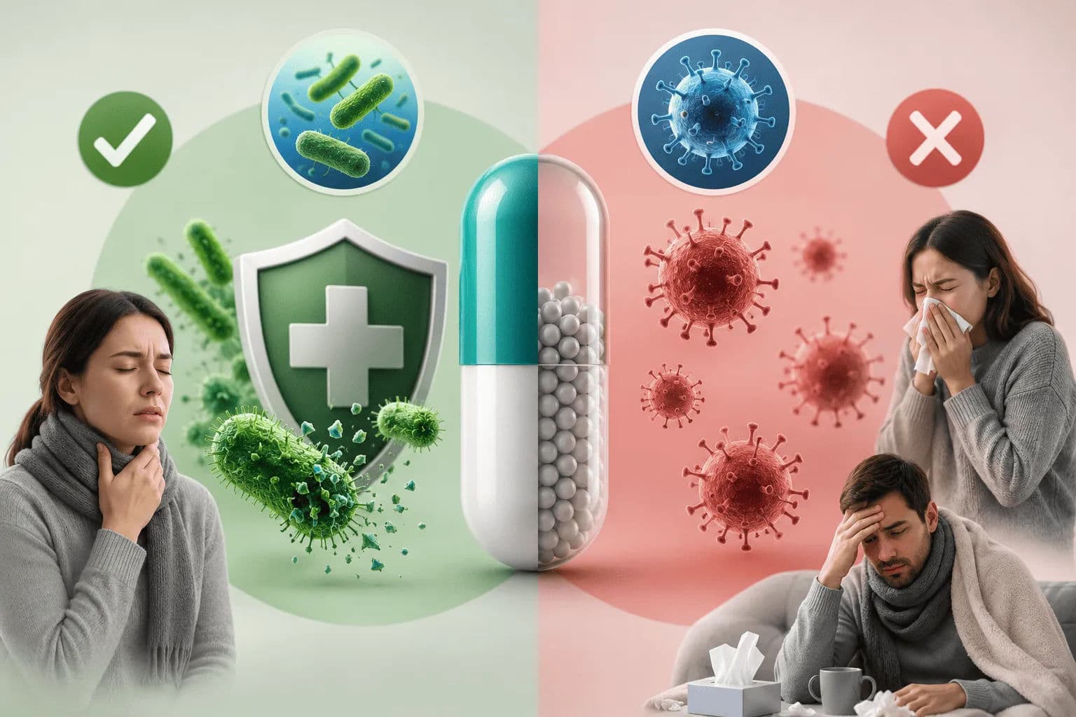 Antibiotic capsule illustrating the difference between bacterial and viral infections, showing effective antibiotic treatment for bacteria and ineffective use for viruses, with healthcare and infection prevention concepts.