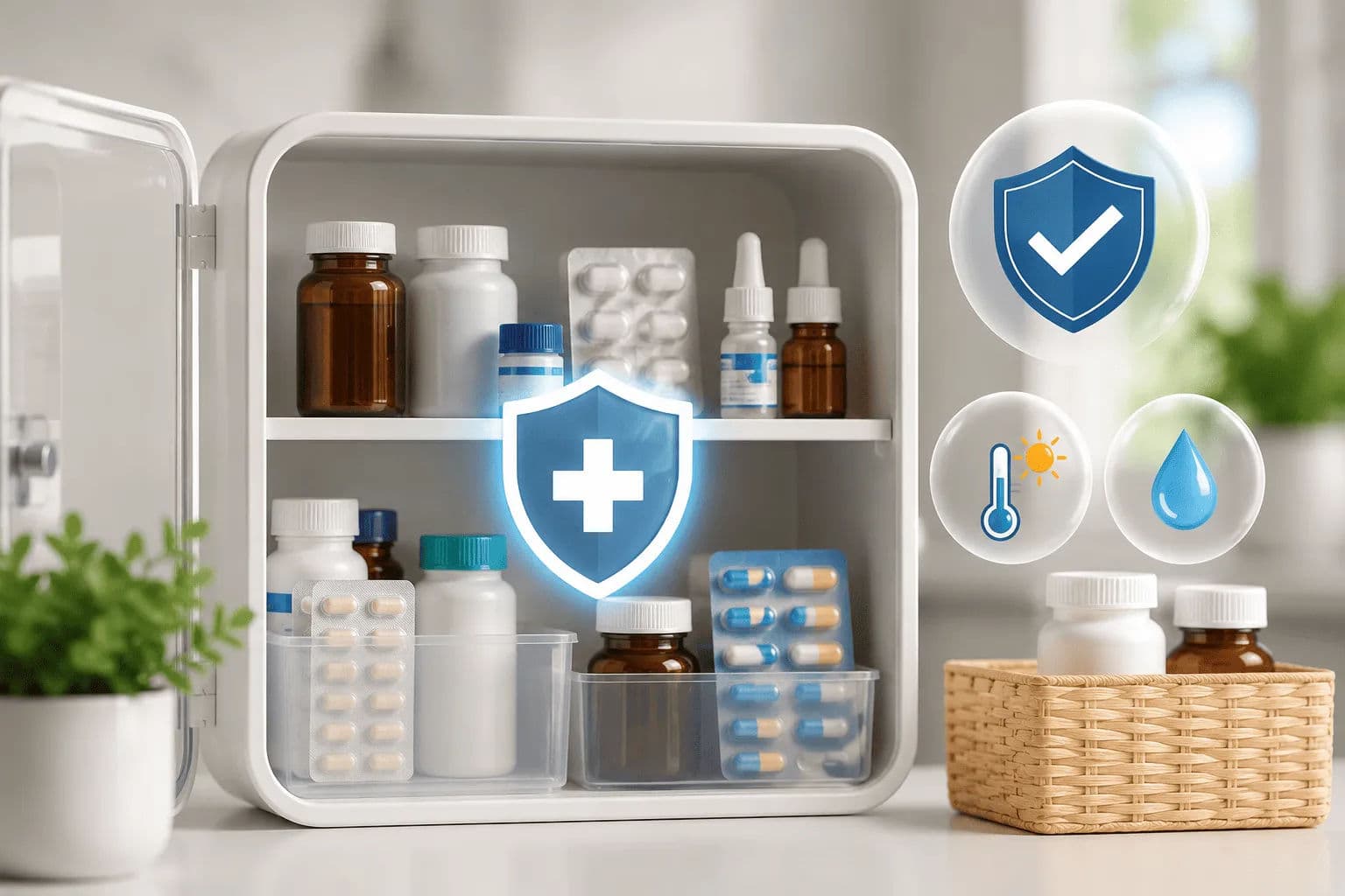 Medicines stored safely in a cool, dry cabinet to maintain effectiveness and prevent damage.