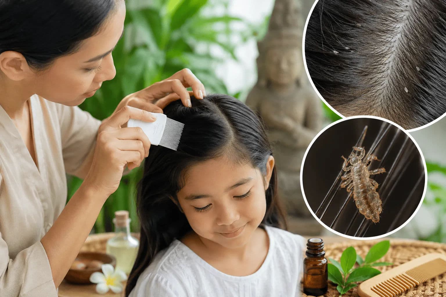 Mother carefully checking a child’s hair for head lice using a lice comb, with close-up views of lice eggs and head lice, illustrating effective head lice and nit removal treatment in Bali.