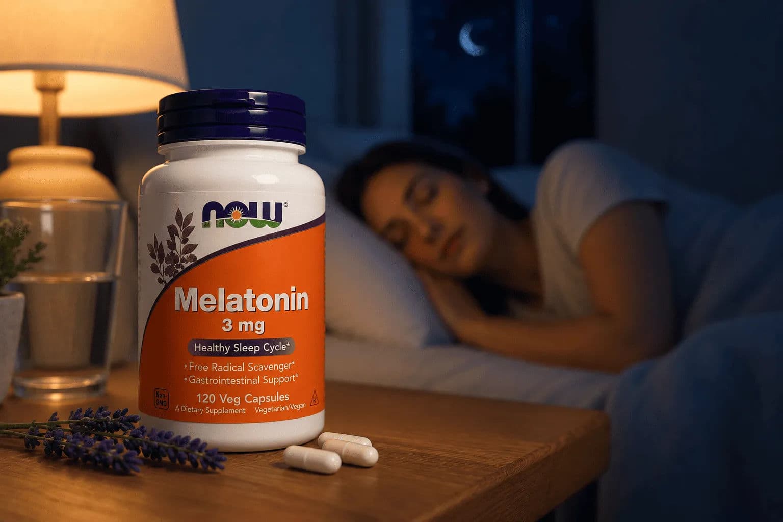 NOW Melatonin supplement bottle on a bedside table with sleeping woman in the background, illustrating natural sleep support and healthy sleep cycle.